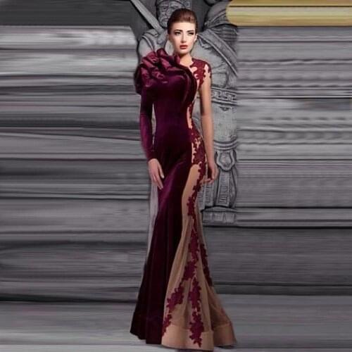 Hot 2019 Gorgeous Long Evening Dress O Neckline Lace Appliques Velvet Wine Red Mermaid Prom Gowns Flower Robe de Soiree