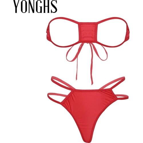 Womens Lingerie Mini Bikini Underwear Set Erotic Sexy Costume Hollow Out See-Through Lace-up Bra with Strappy G-string Briefs