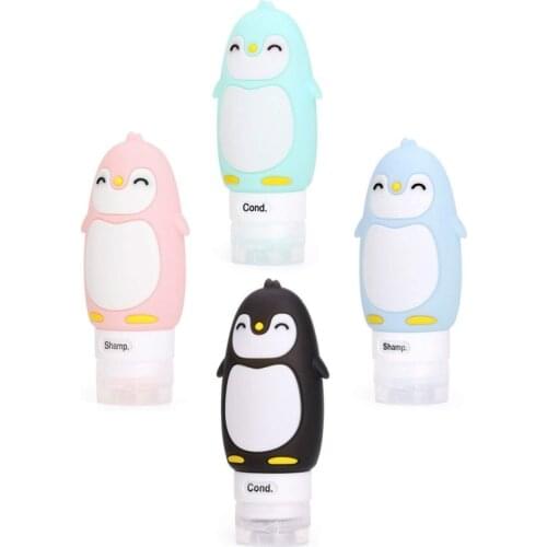 4Pcs 90ml Leakproof Silicone Travel Bottles Accessories Set Refillable Cute Penguin Travel Containers for Shampoo Liquids Cream
