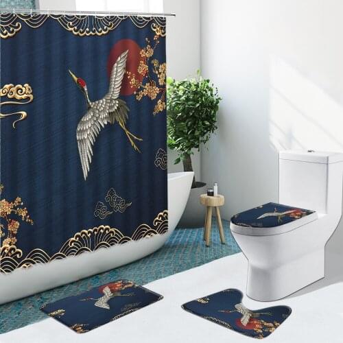 4Pcs Chinese Style Scenery Shower Curtain White Crane Colorful Waves Flower Fish Bathroom Set Non-Slip Rug Bath Mat Toilet Cover