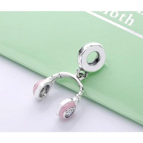 Free Shipping Authentic 925 Sterling Silver Pink Headphones Hanging Charm Fit Original Bracelet For Women DIY Jewelry S925 Beads