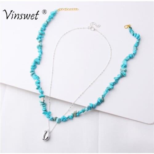 Bohemian Multilayer Necklace Blue Turquoises Red Coral Stone Handmade Necklaces for Women Shell Pendant Necklace Party Jewelry