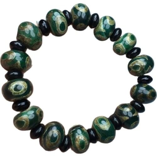 Tibetan Buddhist Green Agate Chalcedony Three-eyed Old Dzi Bead Abacus Bead Bracelet