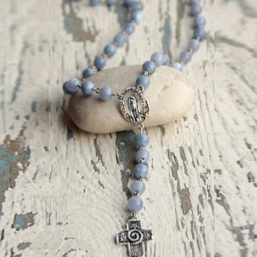 Black Rosary with Pentagram and Moon Pendant in Antique Silver, Gothic Necklace, Crescent, Black Beaded Necklace