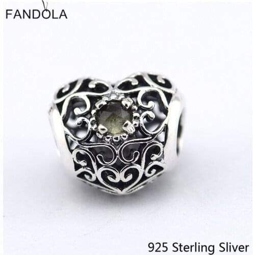 CKK 925 Sterling Silver Jewelry August Signature Heart, Peridot Original Charms Beads Fits Bracelets For Jewelry Making