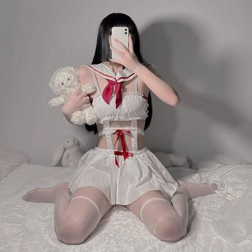 Sailor Cosplay Sexy Lingerie Erotic See Through Costume Kawaii Bowknot White Set School Girl Lesbian Temptation Outfit For Women
