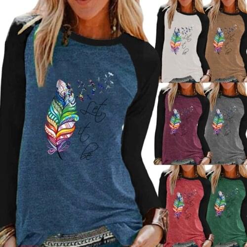 Fashion Autumn Womens Feather Print Top Comfortable Sweatshirt Casual Round Neck Raglan Sleeve Long Sleeve T-shirt Loose Top