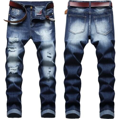 2021 Men’s Ripped Denim Pants,Eagle Prints Distressed Washed Jeans,Boy’s Slim-fit Straight Casual Jeans,Youth Fashion Must