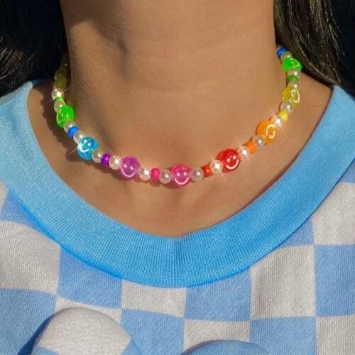New Vintage Candy Color Smile Acrylic Beaded Necklace for Women Girl Cute Pearl Choker Y2K Charms Aesthetic Party Jewelry
