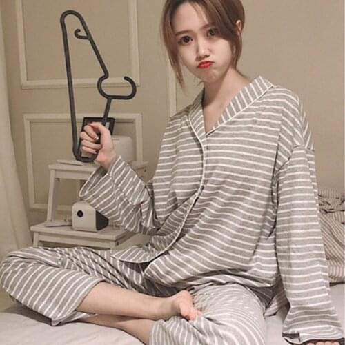Pyjama femme new high quality cotton pajamas for women fashion striped ladies sleepwear autumn winter lapel loose pijama set