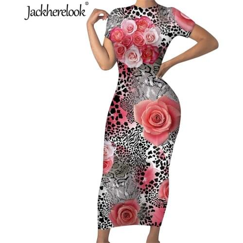 Jackherelook Rose Leopard Grain Print Short Sleeve Sexy Bodycon Dress for Womens Elegant Slim Pencil Dresses Vestido de Mujer
