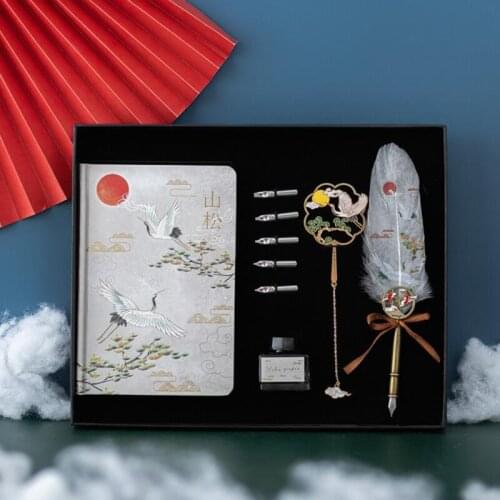 Retro Feather Pen Antique Quill Pen Chinese Crane Painted Design Calligraphy Writing Pen School Supplies Stationery Gifts