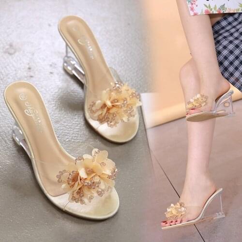Women Apricot High Heels Sandals 8cm Beaded Flower Small Wedge Sandals Female Korean Slippers Summer Joker Casual Heels