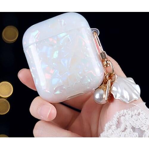 Cute Pretty Earphone Case with Pearl Shell Key Chain Gift for Girls Women Silicone Protective Cover for Airpods 1 2 Pro
