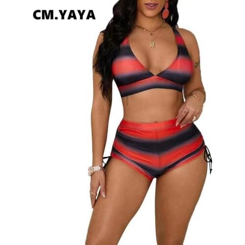 CM.YAYA Striped Print Swimsuit Drawstring Ruched Shorts Set for Womens Beach Two 2 Peice Bikinis Set Summer Sexy Beachwear 2021