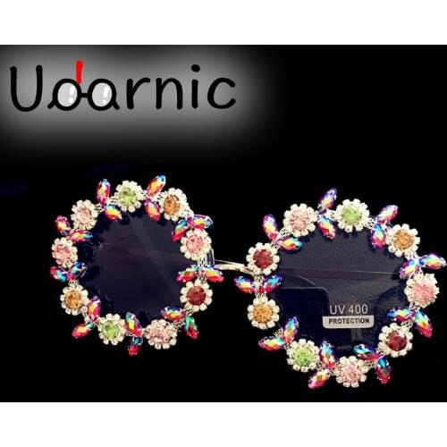 UV400 Crystal Flower Sunglasses Round Gold Fashion Frame Party Vintage Designer Glasses Women Kids Girl 043-841