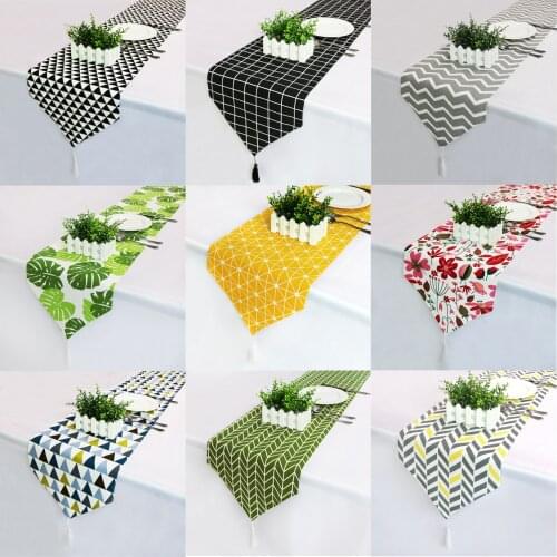 Modern Fashion Flower Table Runner Cotton Linen Narrow Table Cloth Cover Home Party Wedding Decoration Table Flag with Tassel
