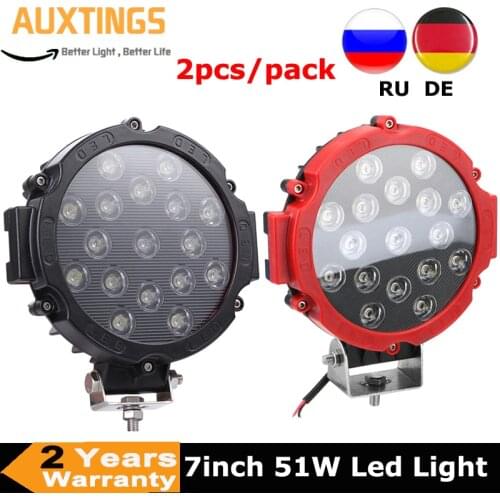 2X 7 inch 51W LED Work Light Spot Flood Beam Round Headlight Black Red For 4x4 Offroad Truck Tractor ATV SUV