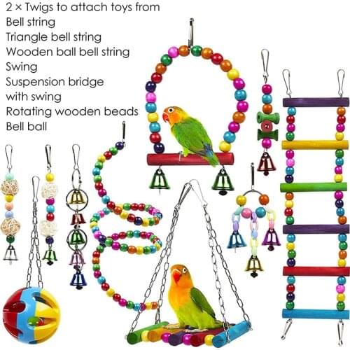 10 Pack Bird Cage Toys for Parrots Reliable Chewable Swing Hanging Chewing Bite Bridge Wooden Beads Ball Bell Toys