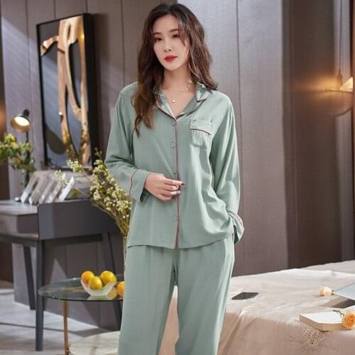 Women Clothes For Spring Pajamas Sets Turn-Down Neck Sleepwear Solid Color Pijamas Mujer Long Sleeve Woven Modal Pyjamas Female