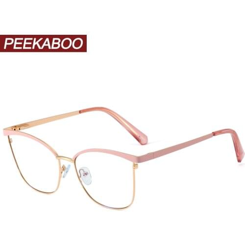Peekaboo gold metal eyeglass frames women clear lens pink cat eye female blue light glasses for computer fashion accessories