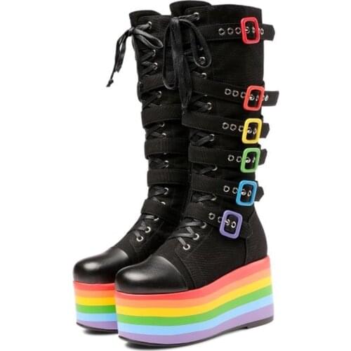 Womens Rainbow Colors Platform Knee High Boots Wedge Heel Denim Jeans Shoes Belt Buckle Punk Motorcycle Black Plus Big Size New