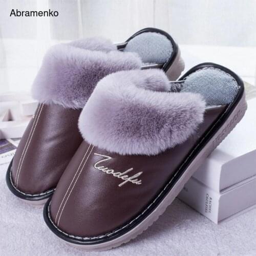Women Winter Slippers Plush Warm Casual Home Shoes PU Leather New Couple Flats Indoor Platform Non Slip Female Footwear Autumn