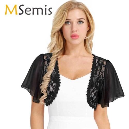 Womens Ballet Shrug Cardigan Top Dance Cardigan Fashion Short Bell Sleeve Floral Lace Sheer Open Front Chiffon Shrug Cardigan