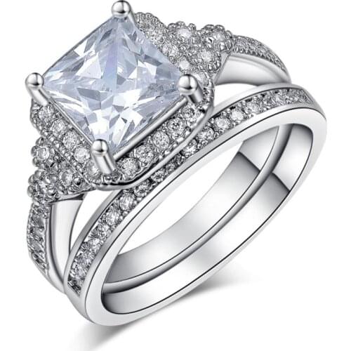 Large square Cubic Zircon zircon women wedding ring sets 2016 hot luxury lady jewelry wholesale us 6 7 8 silver plated ring