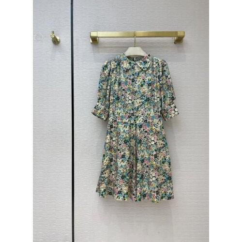 Print Luxury Brand Floral 100% Silk Dress for Women 2021 Spring Summer Elegant Lapel Puff Sleeve High Waist Loose A-line Dresses