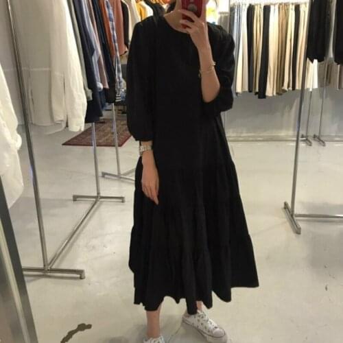 Female Long Sleeve Round Collar Vintage Loose Waist Pullover Dresses Korea Women Sping Long Plaid Ruffle Cake Dress
