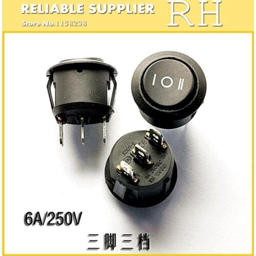 10PCS/lot KCD1-105 Round Rocker Switch 10A/125V 6A/250V Black 3 feet 3 files