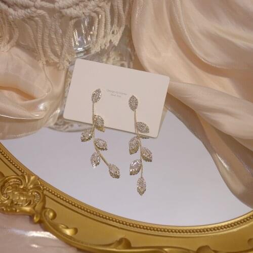 14K real gold plated fashion jewelery crystal leaves exquisite long earrings for woman holiday party elegant wheat ear earring