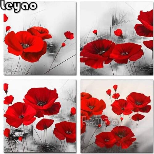 Diamond painting flowers 4 pieces,Red Poppy Painting,Multi-picture diamond embroidery full square/round painting,diamond mosaic