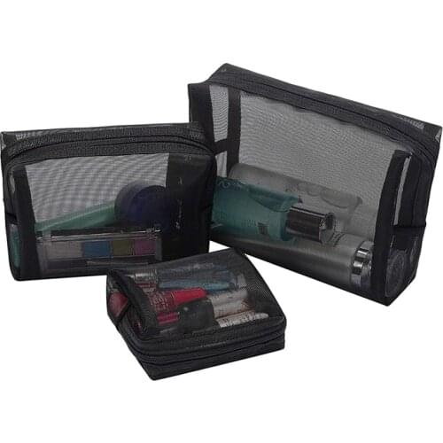 Black Mesh Makeup Bag See Through Zipper Pouch Travel Cosmetic and Toiletries Organizer Bags Pack of 3(S,M,L)