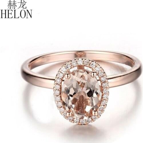 HELON Solid 14K Rose Gold AU585 Flawless Oval 8x6mm Morganite Diamonds Engagement Ring Women Trendy Fine Jewelry Diamonds Ring