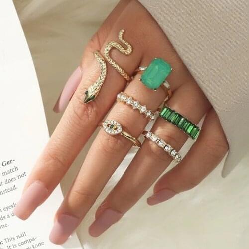 HuaTang Luxury Green Rhinestone Stone Rings for Women Vintage Shinny Crystal Snake Metal Ring Set Charming Jewelry Anillos 18711