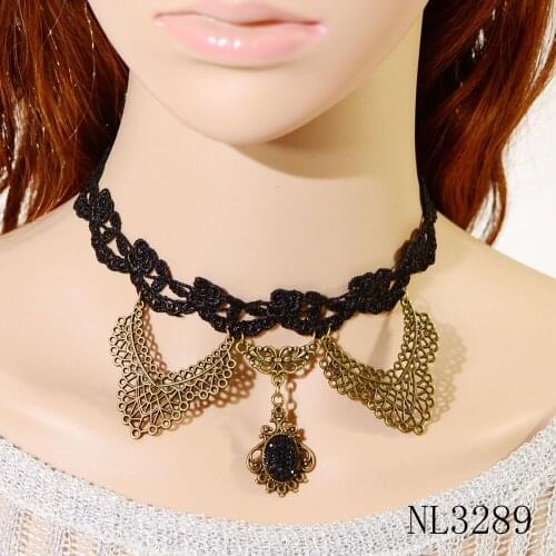 Fashion Black Lace Necklace Vintage Wedding Jewelry Alloy Metal Pendant Flower Handmade Gothic Collar Choker Necklace