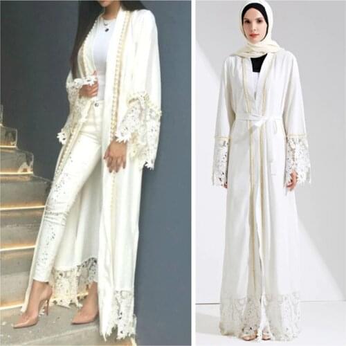 Muslim Lace Maxi Dress Abaya Embroidery Cardigan Pearl Long Robes Tunic Kimono Jubah Middle East Ramadan Arab Islamic Clothing