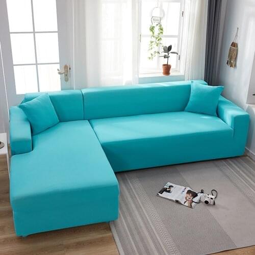 Sky Blue Solid Color L Shape Protection Chaise Longue Covers Elastic Corner Sectional Sofa Cover for Living Room 2 3 4 Place