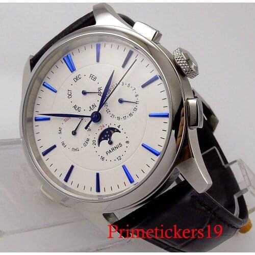 PARNIS Automatic Men Watch Silver/Rose Gold Color Case Month Date Leather Band Solid Backcover