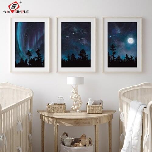 Aurora Borealis Night Sky Moon Trees Canvas Posters Shooting Stars Painting Wall Art Print Nordic Kids Room Decoration Pictures