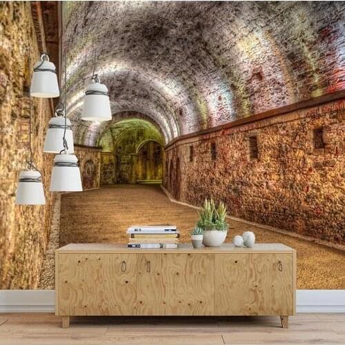 Custom Self-Adhesive Waterproof Mural Wallpaper 3D Stereo Tunnel Corridor Wall Painting Restaurant Cafe Background Wall Stickers