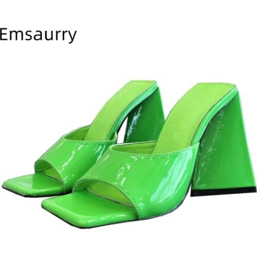 Unique Triangle Chunky Heel Sandals For Girls Square Open Toe Candy Color Patent Leather Slingbacks Summer Mules Women