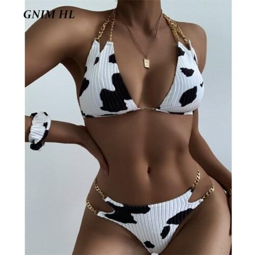 GNIM Sexy Chain Bikini Set 2021 Summer Beachwear Cow Print Swimwear Women 2 Pieces Backless Bandage Brazilian Swimsuit Biquini