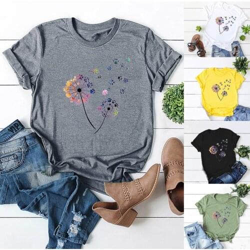 Women Fashion Casual Round Neck Short Sleeve T-Shirt Solid Color Dandelion Drif Splicing Printing Daily All-match Loose Shirt