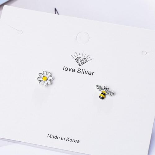 Sweet Cute Honey Bee Flower Daisy 925 Sterling Silver Earring For Women Asymmetric Cubic Zirconia Enamel Korean Jewelry Gifts