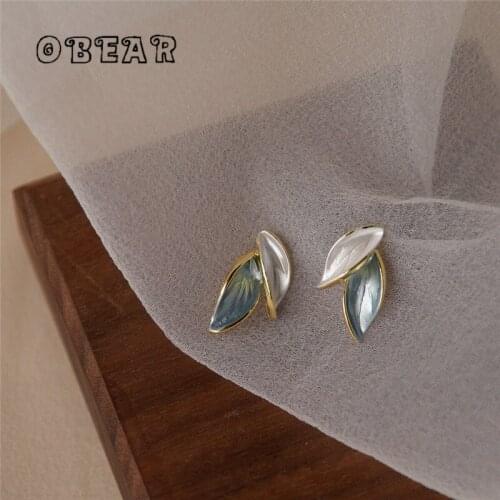 OBEAR 14k Real Gold-Plated Latest Glazed Leaves Stud Earrings Women Creative Personality Anniversary Jewelry
