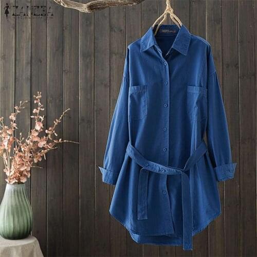 Plus Size Womens Spring Blouses ZANZEA 2021 Kaftan Solid Shirts Long Sleeve Blusas Belted Female Lapel Button Tunic Chemise