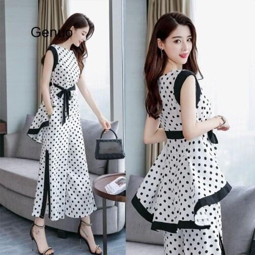 Women Casual Office Business Set Dot Print Sleeveless Hem Top And Wide Leg Pant Suits Fashion Formal Suits 2020 New Fashion